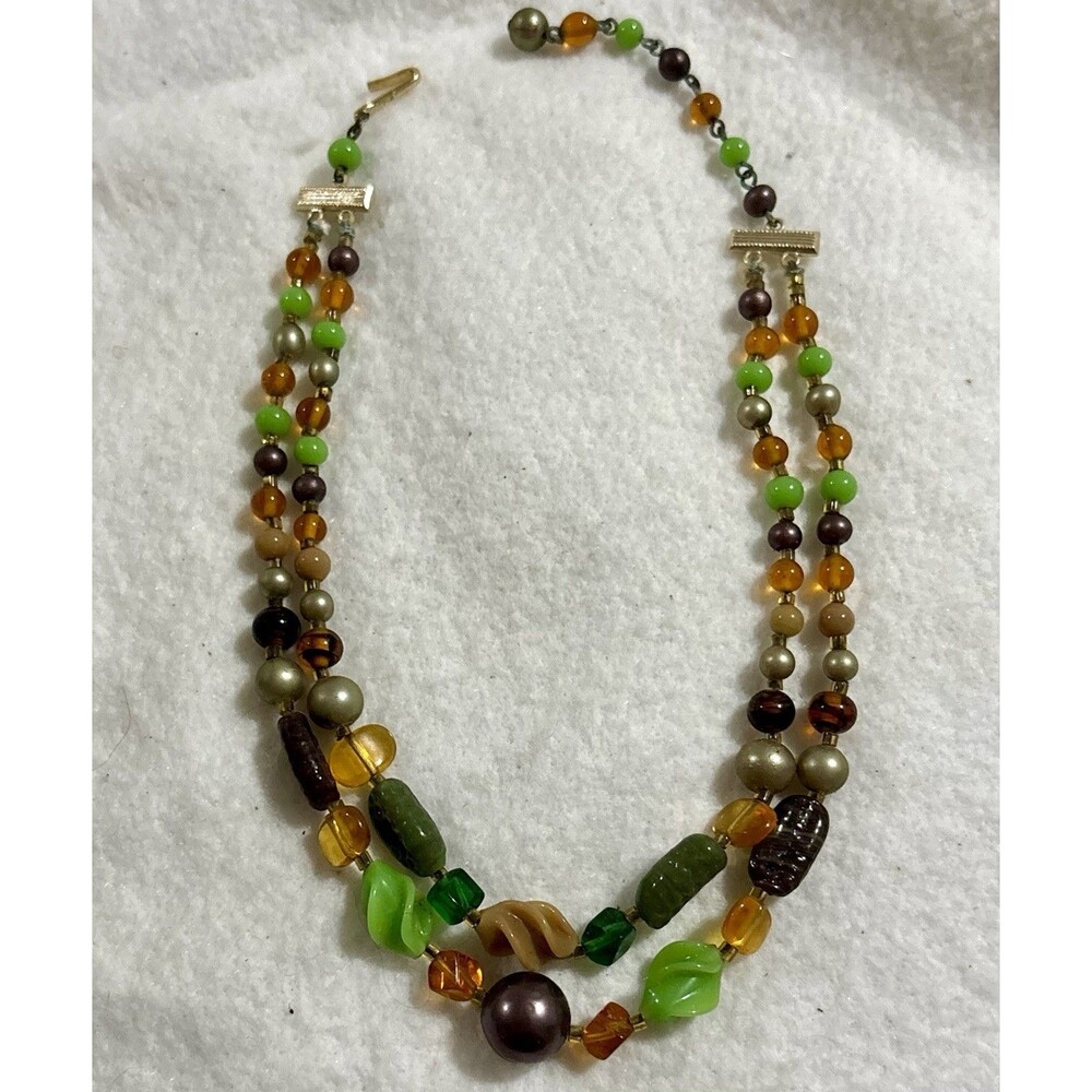 Vintage Japan Double Strand Necklace Green Amber Brown Molded Beads MCM 18”